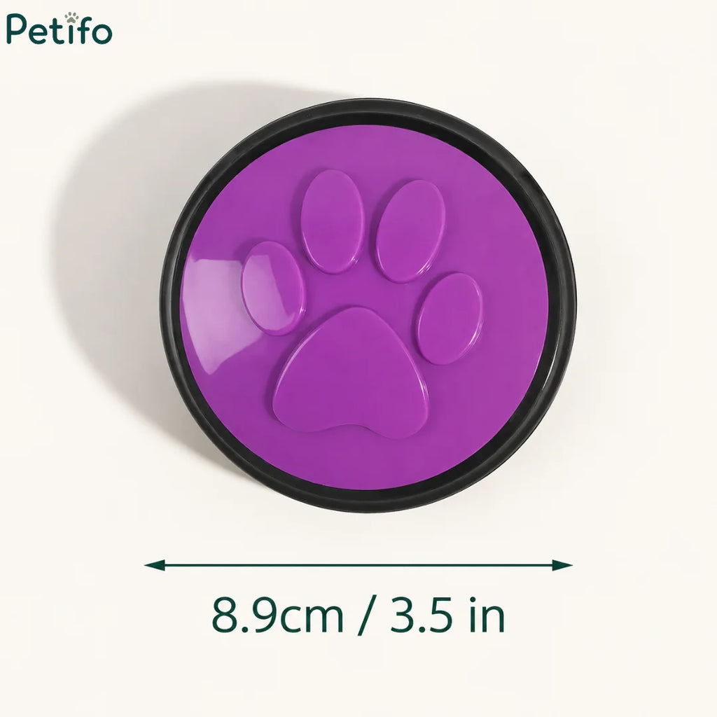 Top-down view showing the 8.9cm or 3.5-inch diameter measurement of a purple recordable pet training button.