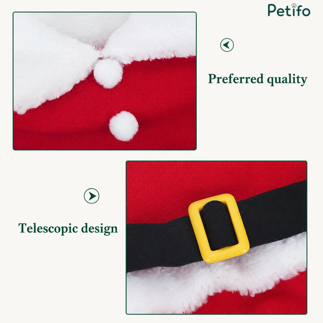 Close-up details of the quality fabric and belt buckle on the Santa Claus dog costume.
