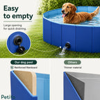 Detailed view of the Petifo dog pool showcasing its quick-draining valve and reinforced fiberboard construction.