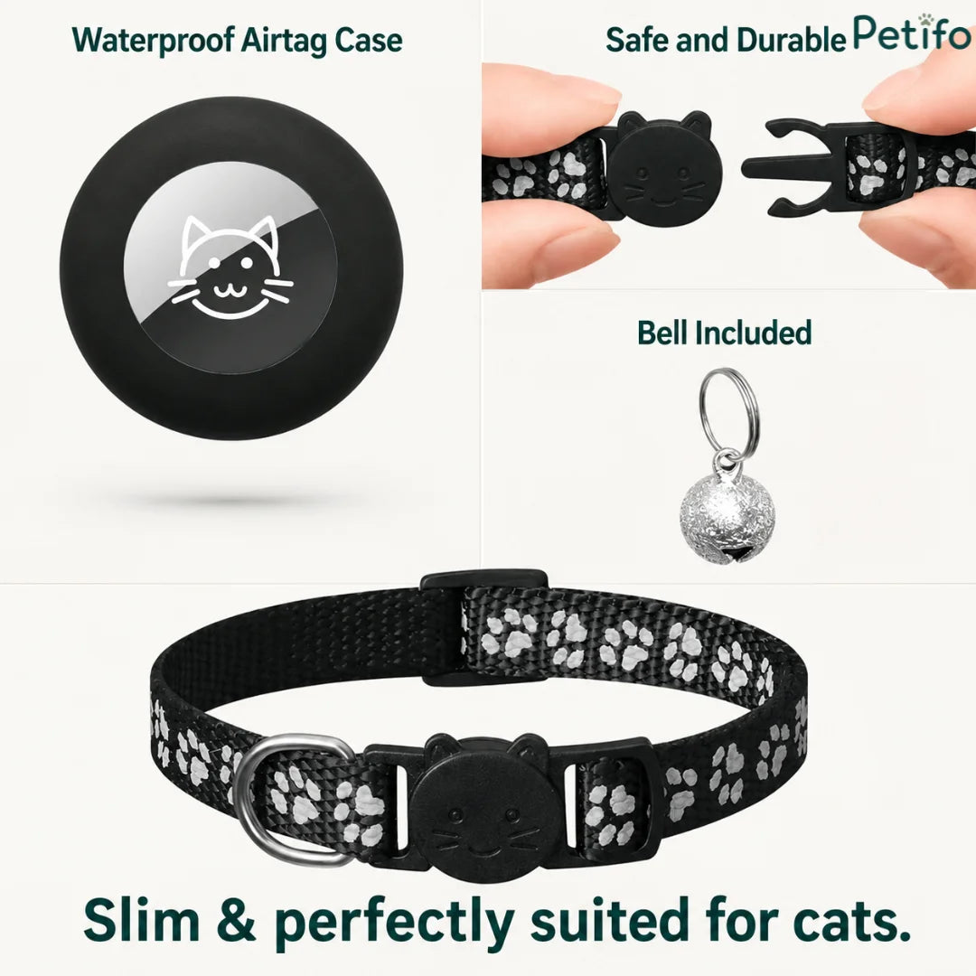 Detailed view of the waterproof tracker case, safe quick-release buckle, and included jingle bell for feline safety.