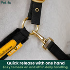 Close-up of the brass quick-release snap hook on a padded horse halter.