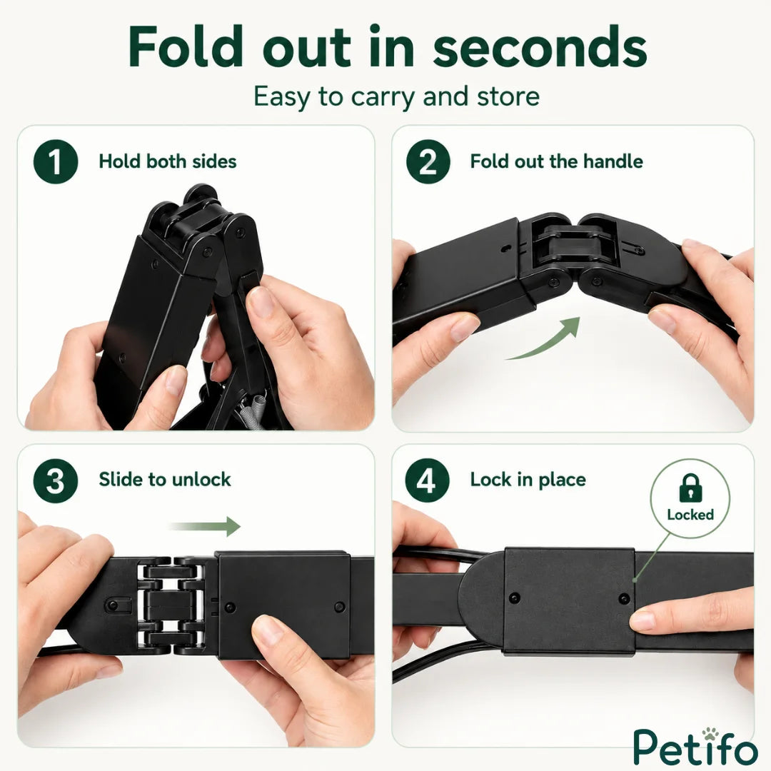 Clear four-step tutorial demonstrating how to quickly fold out, unlock, and lock the portable dog pooper scooper for easy storage.