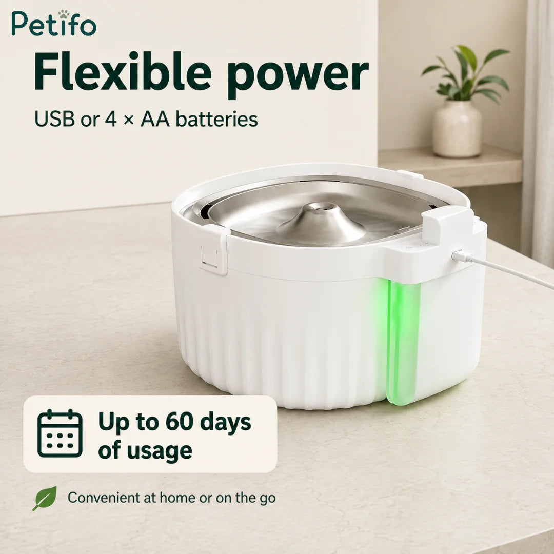 Rechargeable wireless cat water fountain with flexible USB or battery power offering up to 60 days of usage.