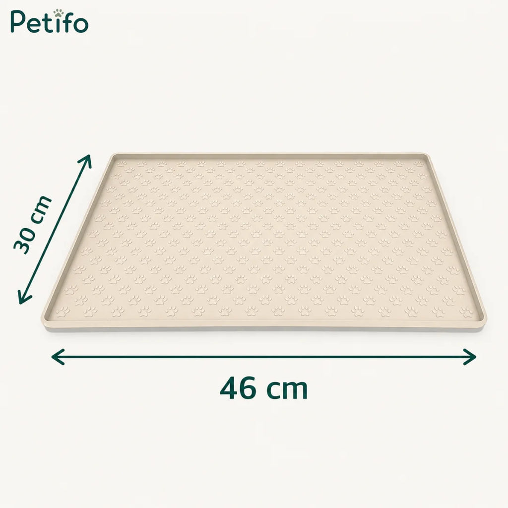 Dimension diagram of the rectangular beige pet silicone mat showing measurements of 46 cm long and 30 cm wide.
