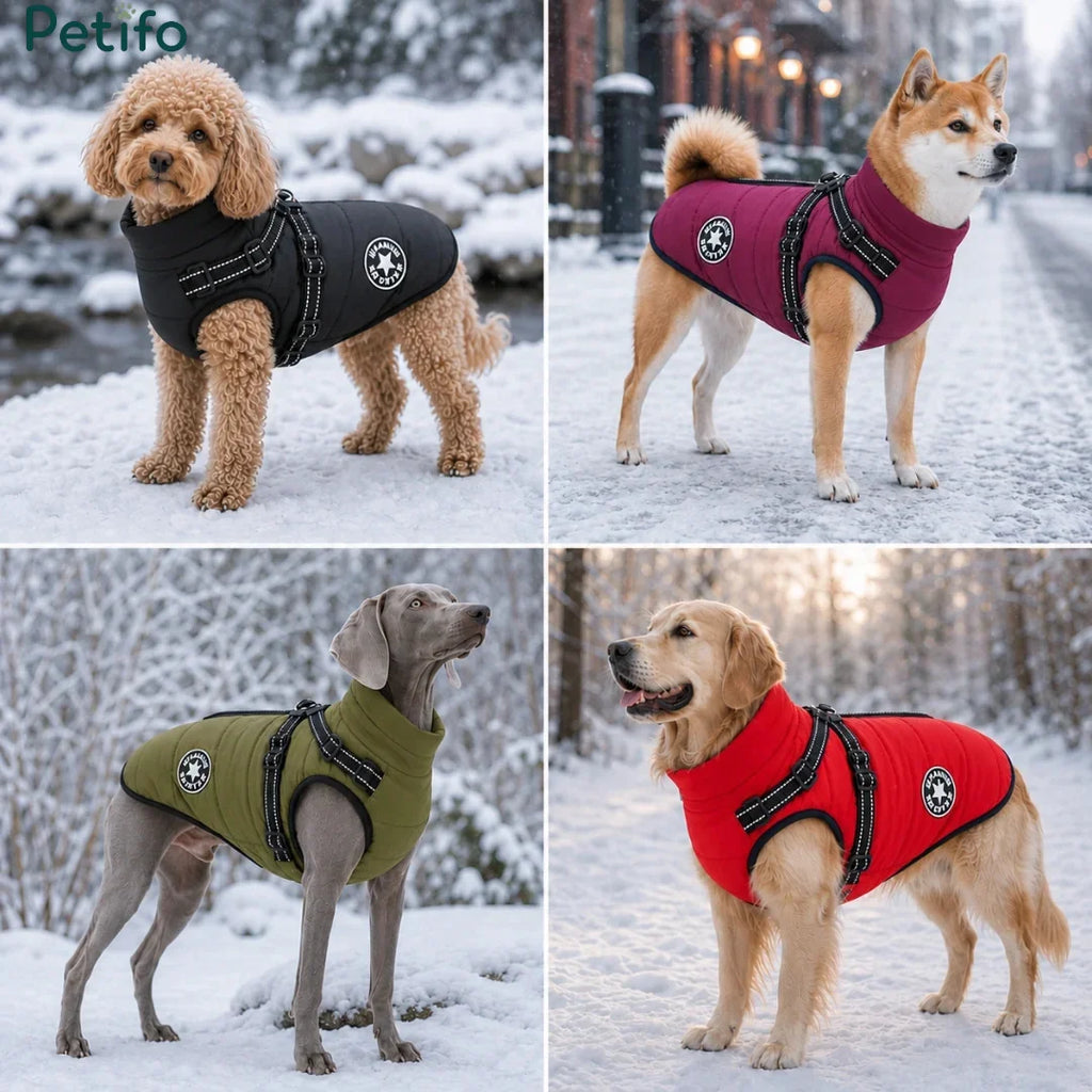 Various dog breeds wearing winter coats in black, wine red, olive green, and red colors outdoors in the snow.