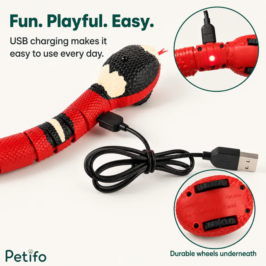 Red and black electronic snake toy featuring USB charging and durable wheels underneath.