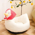 Cute white duck-themed Petifo plush pet bed with a red polka-dot headscarf next to a lemon tree decor.