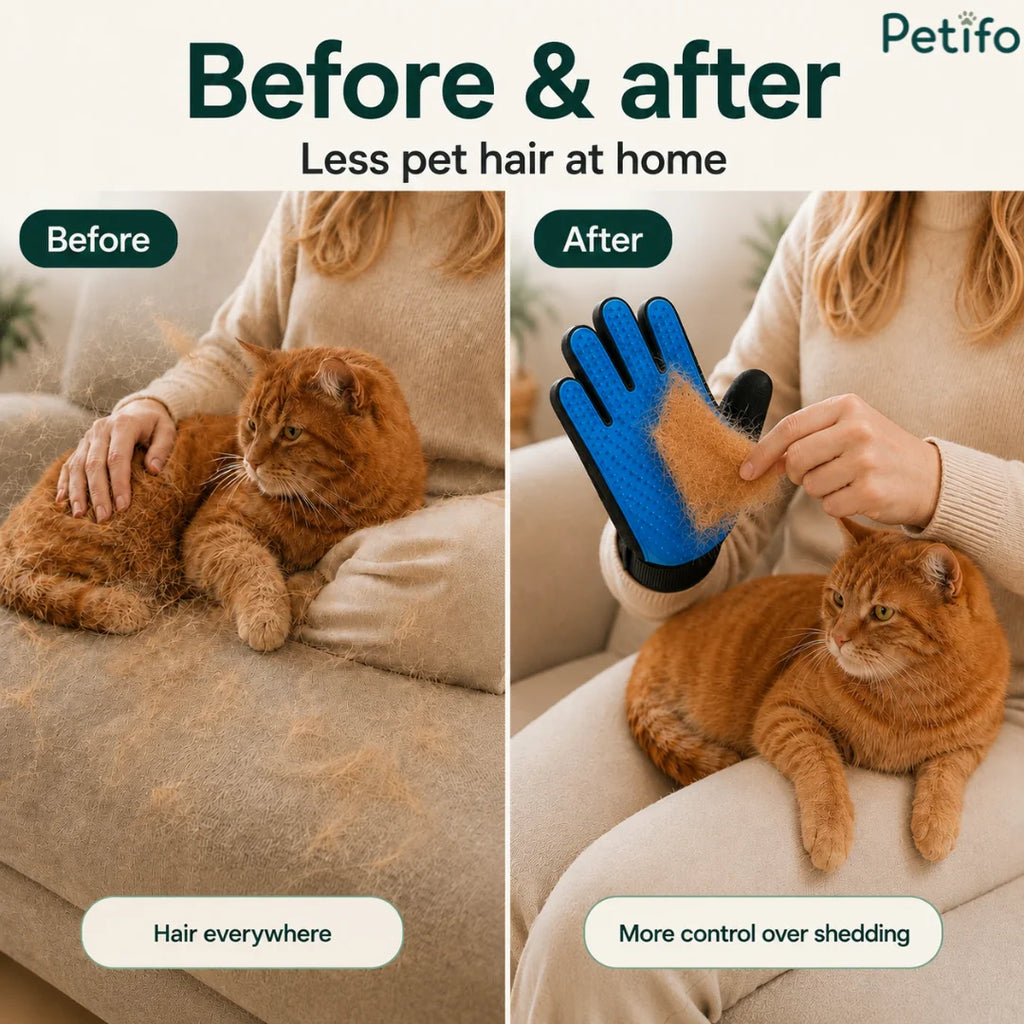Before-and-after home comparison graphic highlighting reduced pet hair on furniture using the Petifo grooming glove.