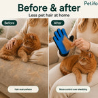 Before-and-after home comparison graphic highlighting reduced pet hair on furniture using the Petifo grooming glove.