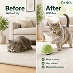 Before and after comparison showing a cat experiencing increased activity, reduced sadness, and mental stimulation with the Petifo toy