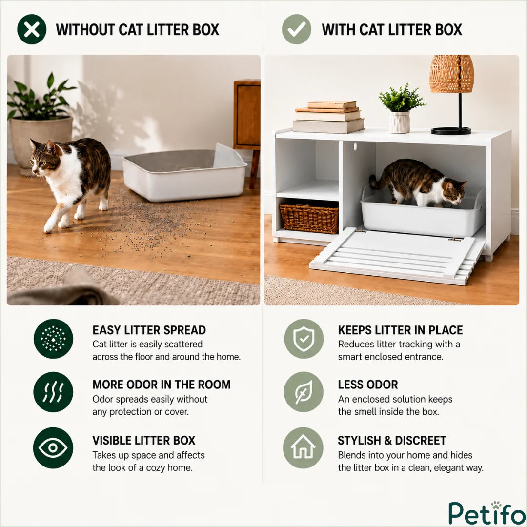 A side-by-side comparison showing how the Petifo hidden litter box enclosure prevents litter tracking, reduces odors, and creates a stylish, discreet look in the home compared to an open tray.