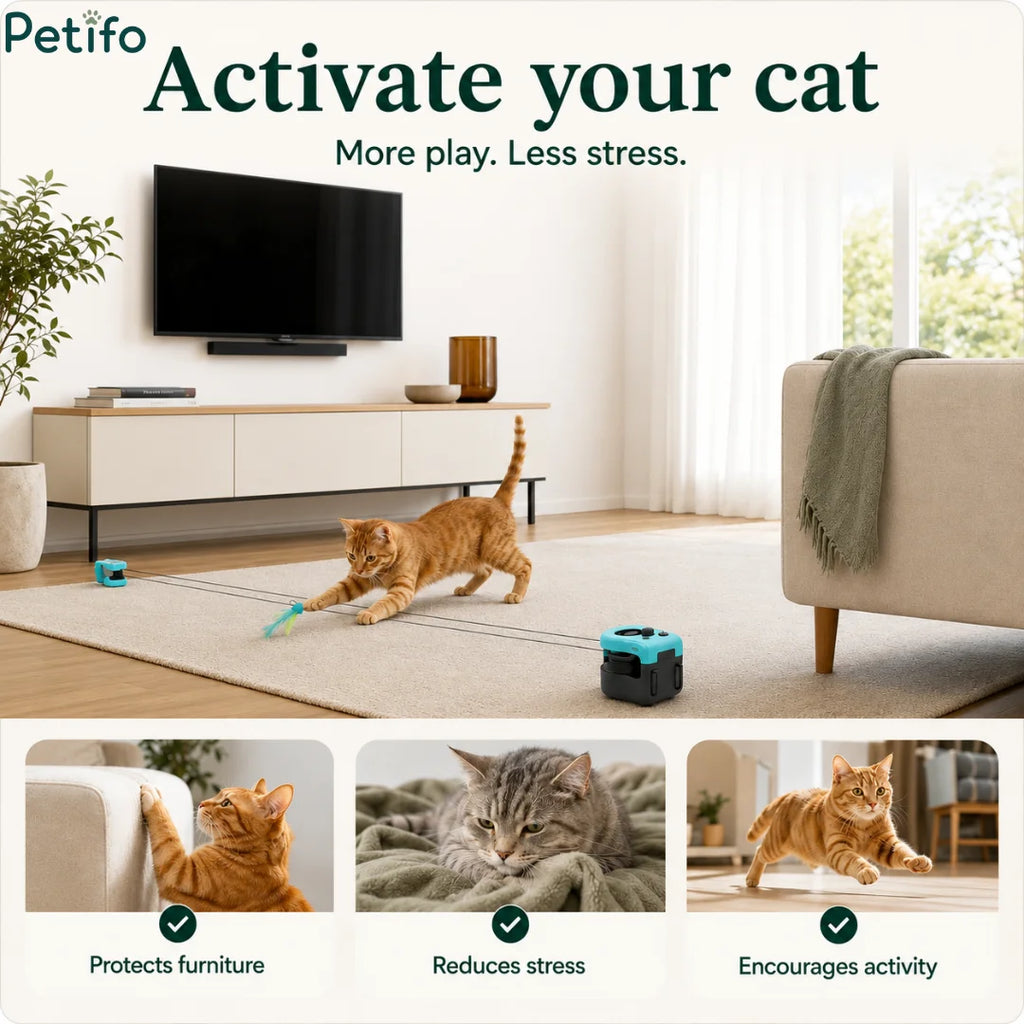 Overview banner highlighting how the interactive toy protects furniture, reduces stress, and encourages active cat play.