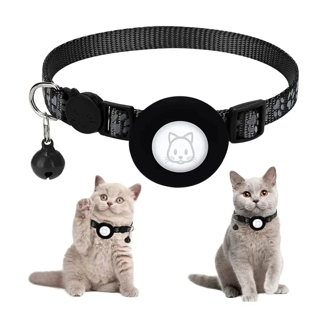 Black reflective cat collar with an integrated AirTag holder case and a hanging safety bell accompanied by two cute kittens.