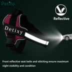 Burgundy dog harness highlighting front reflective stitching and straps for nighttime safety.