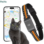 Product marketing graphic showing a smartphone tracking interface alongside a grey cat and an isolated view of the black and orange reflective GPS pet collar.