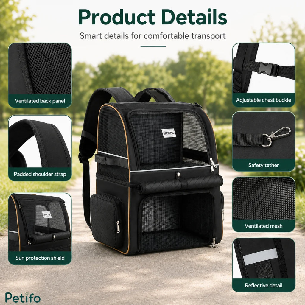 Detailed specification graphic pointing out safety tethers, padded shoulder straps, reflective strips, and breathable back panels