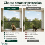 Comparison showing the benefits of a tight, stable protective cat net versus a loose, sagging regular net.