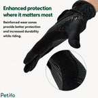 Reinforced wear zones on the fingers and thumb of a black equestrian riding glove for enhanced durability.