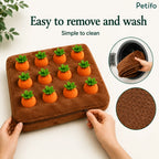 Petifo carrot plush dog toy highlighting its removable machine-washable cover and anti-slip dotted backing.