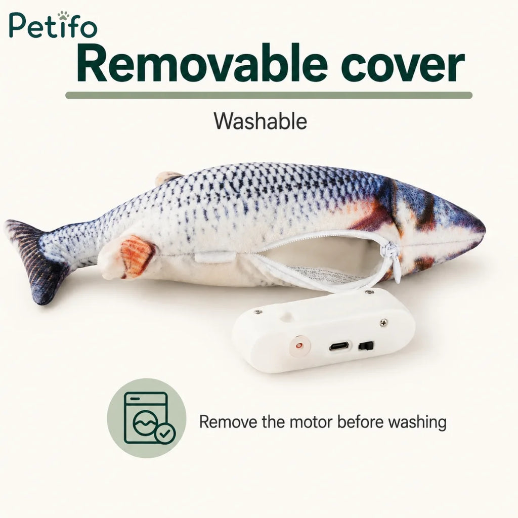 Petifo fish toy unzipped showing removable washable plush cover and internal motor mechanism
