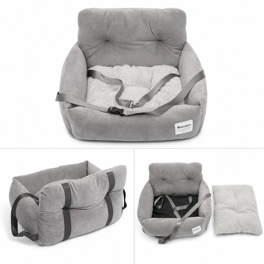 Grey plush dog car seat shown with multiple angles displaying its removable cushion pad and sturdy back straps.