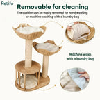 Infographic showing the removable and machine-washable plush cushions of a wooden cat tree tower.