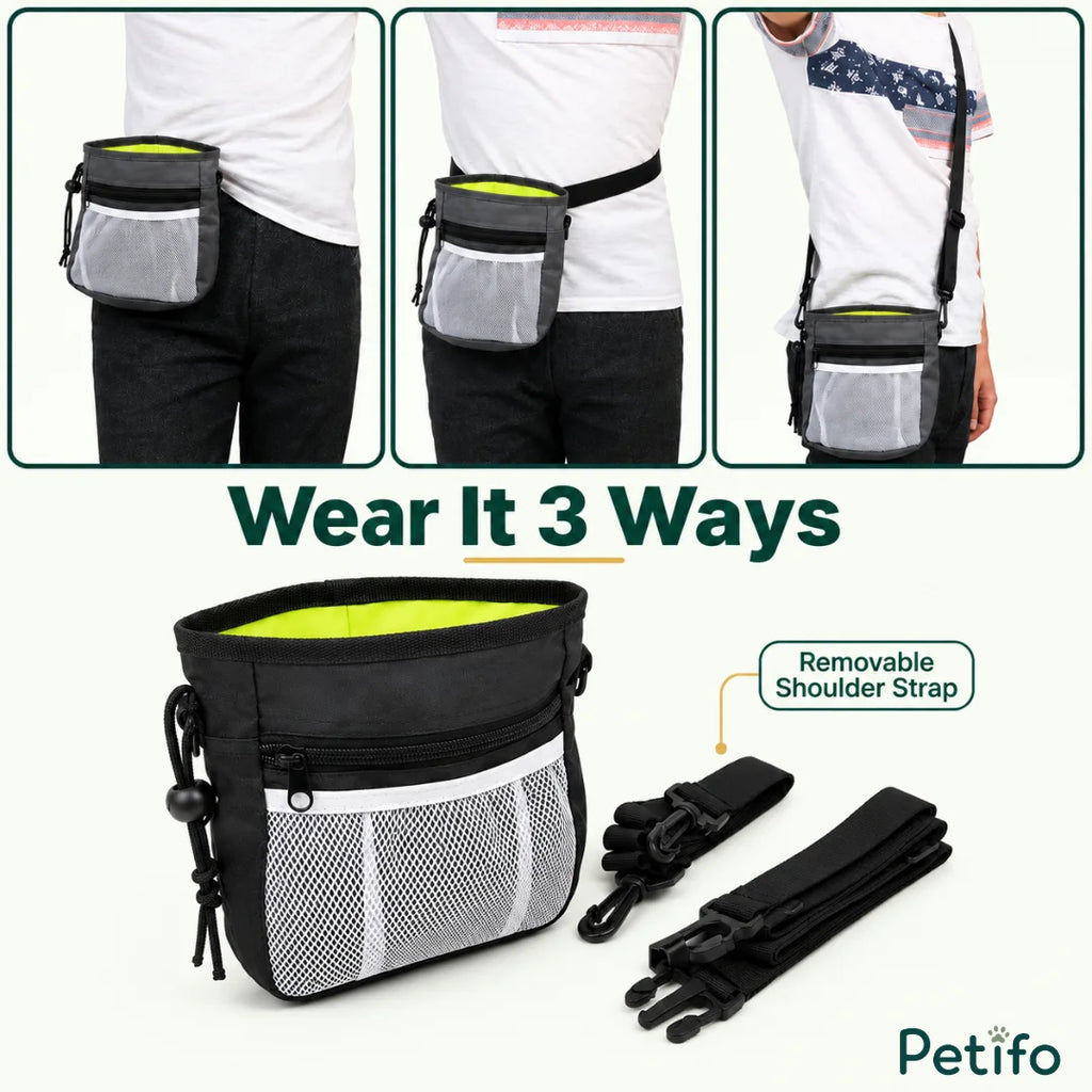 An informational image demonstrating three different ways to wear the dog training treat pouch using a removable shoulder strap.