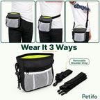 An informational image demonstrating three different ways to wear the dog training treat pouch using a removable shoulder strap.