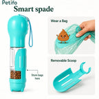 Smart spade" infographic showcasing the removable turquoise scoop and how it wears a waste bag for cleanup.