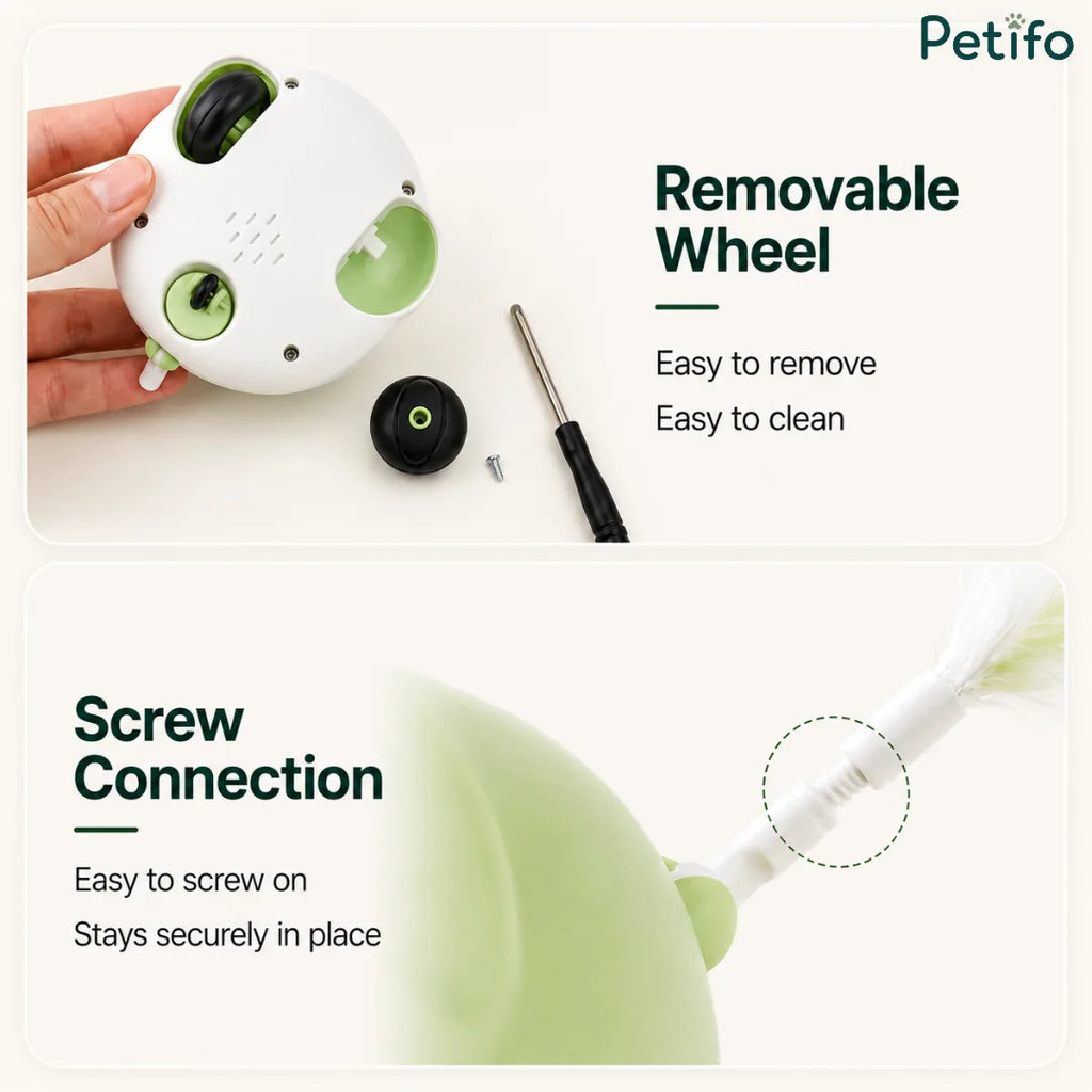 Petifo cat toy showing a removable wheel design with easy-to-clean components and a secure screw connection for the feather attachment