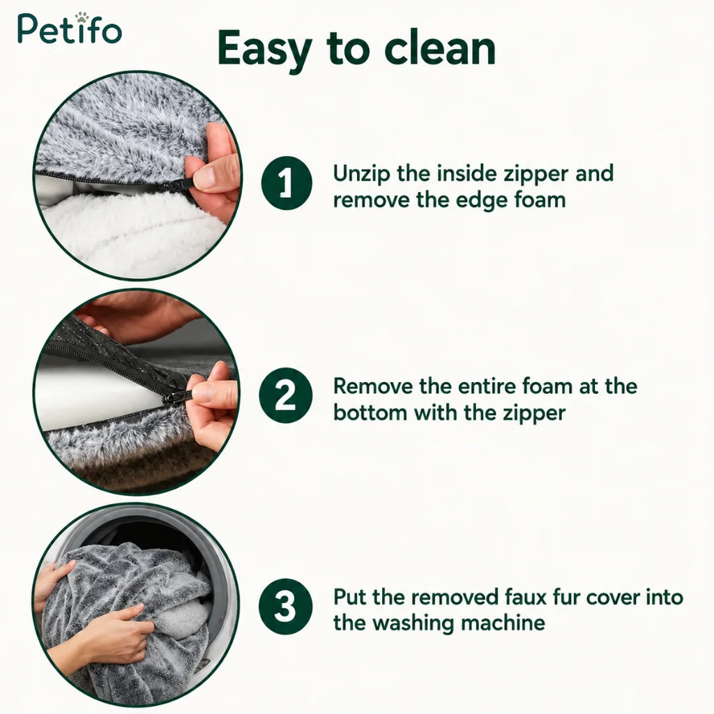 Step-by-step cleaning guide illustrating how to unzip and remove foam and covers from the dog bed.