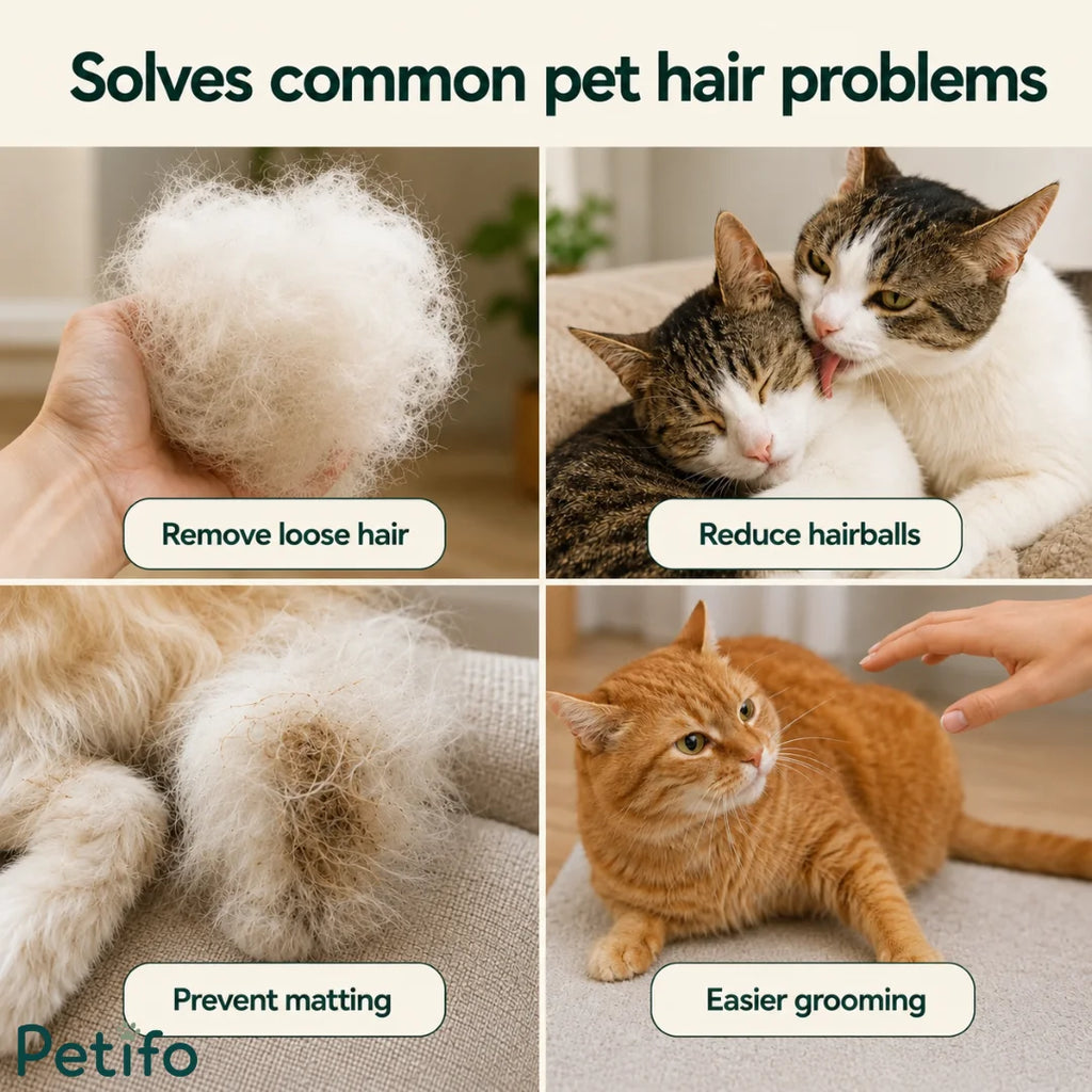 Problem-solving infographic detailing how the Petifo grooming glove removes loose hair, prevents matting, reduces hairballs, and simplifies grooming.