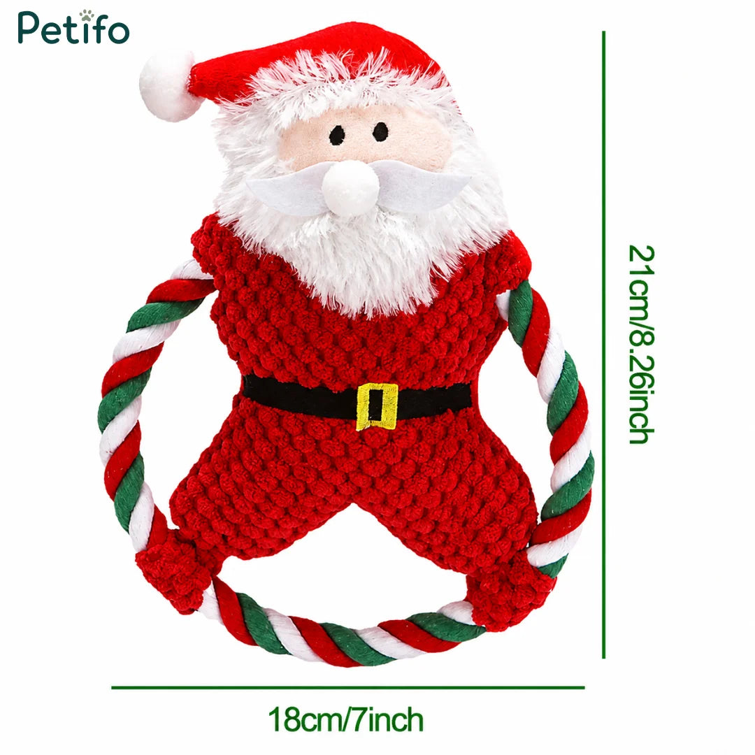 Santa rope ring dog toy with size measurements showing a height of 21cm and a width of 18cm.
