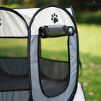 Close-up view of the rolled-up mesh zipper door on a beige and gray Petifo pet playpen.