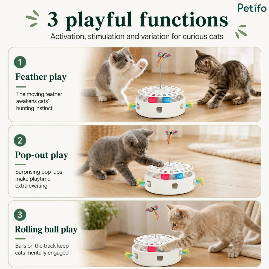 Three-step feature overview showcasing feather play, pop-out teasers, and rolling ball tracks for curious cats.