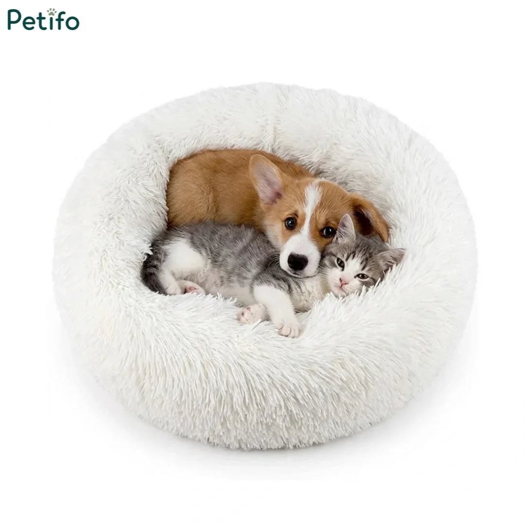 Round white fluffy calming pet bed with an adorable corgi puppy and a grey kitten snuggling together.