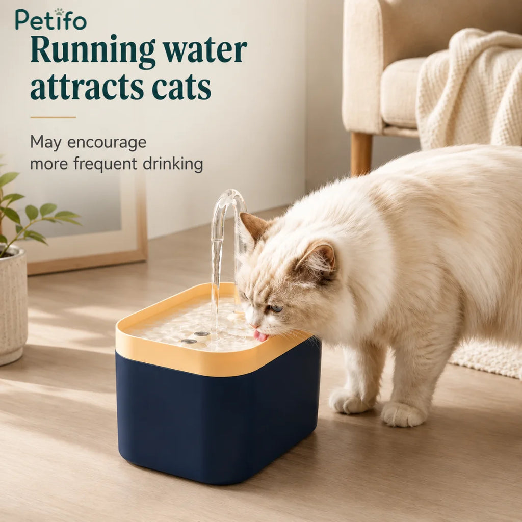 Yellow and blue Petifo automatic cat water fountain with a cat drinking from the running water stream, highlighting how running water attracts cats and encourages more frequent drinking.