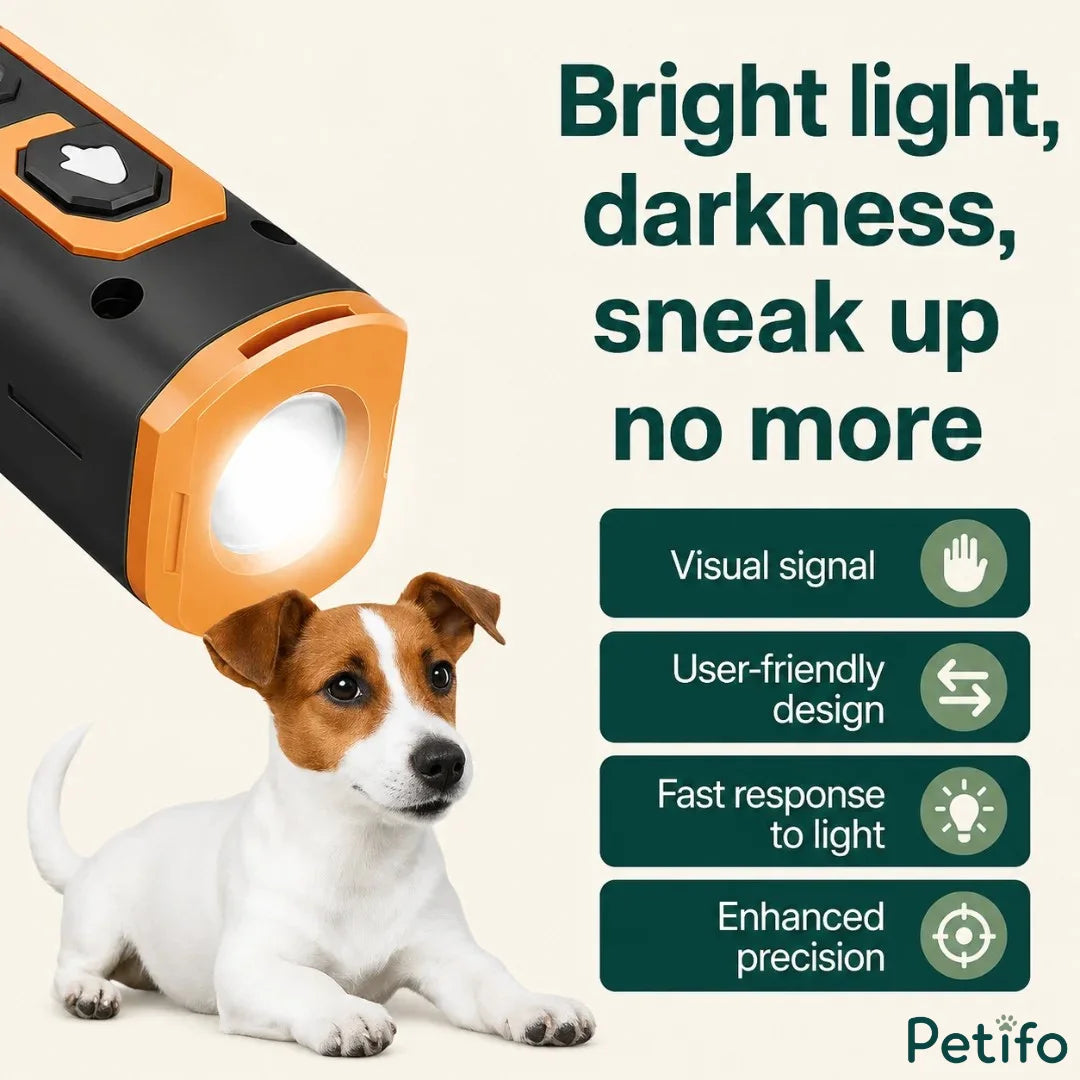 Device flashlight demonstration next to a Jack Russell terrier with key feature icons.
