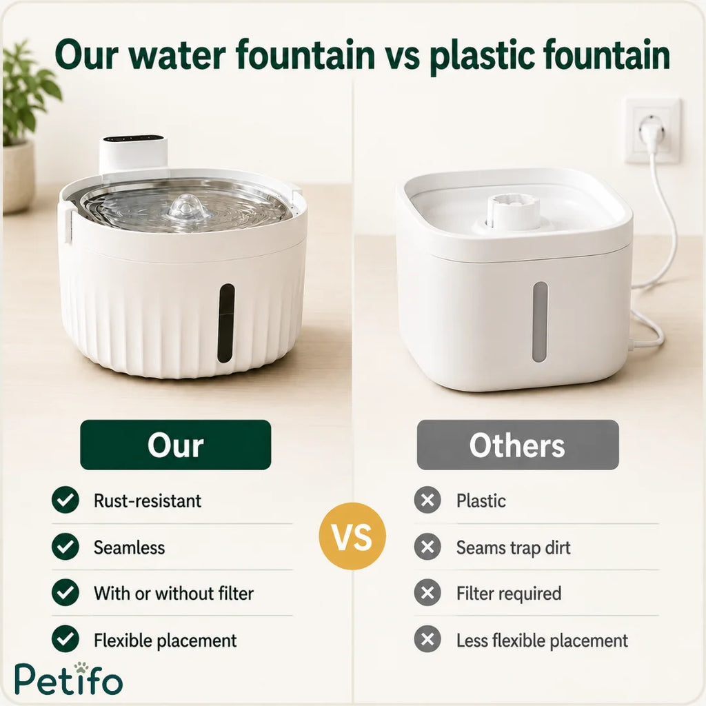 Comparison chart highlighting the benefits of a rust-resistant seamless stainless steel pet water fountain over standard plastic alternatives.
