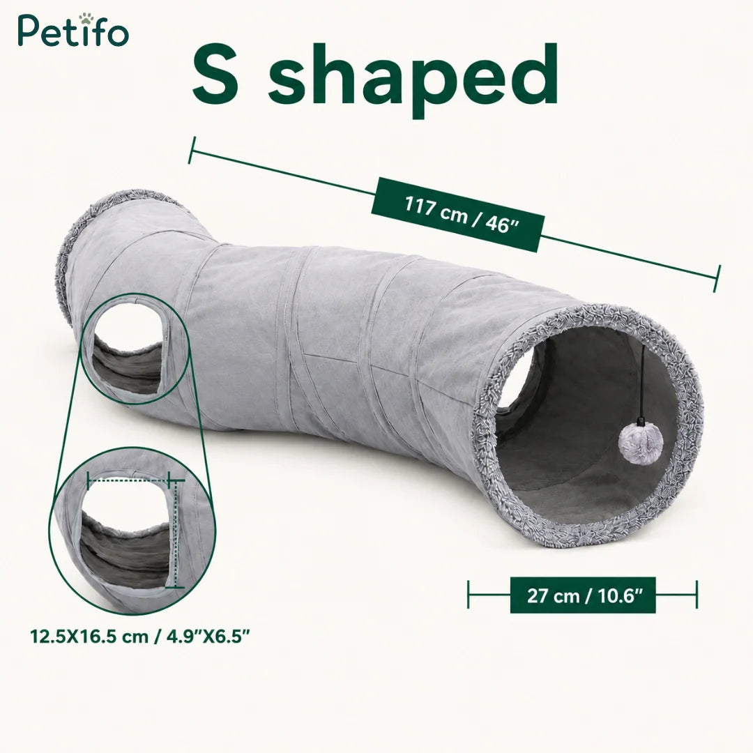 S-shaped grey cat tunnel dimensions showing a length of 117 cm and opening size of 12.5x16.5 cm.