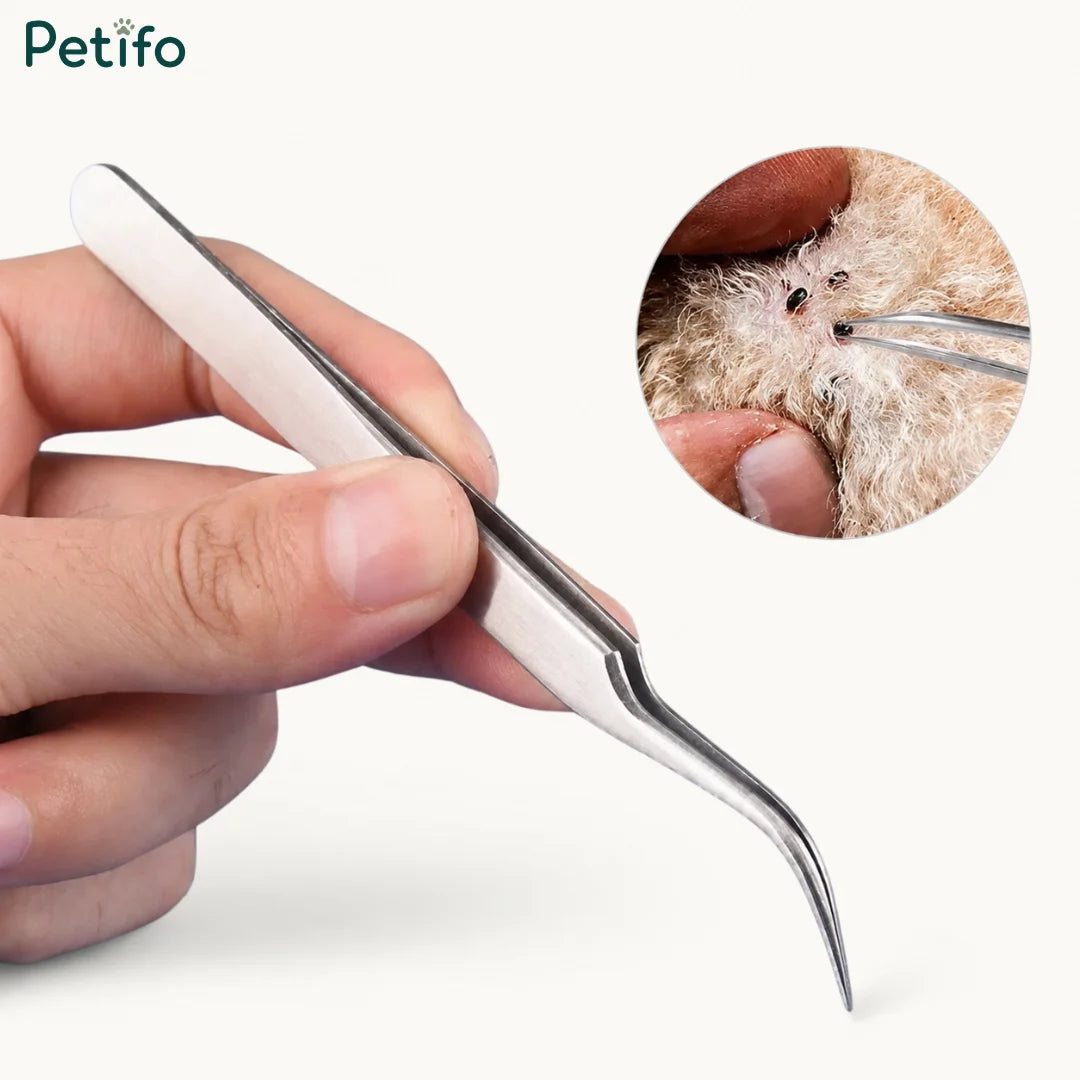 Curved stainless steel tweezers demonstrating safe tick removal from a pet's fur.