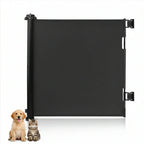 Black retractable safety gate shown with a puppy and kitten sitting in front.