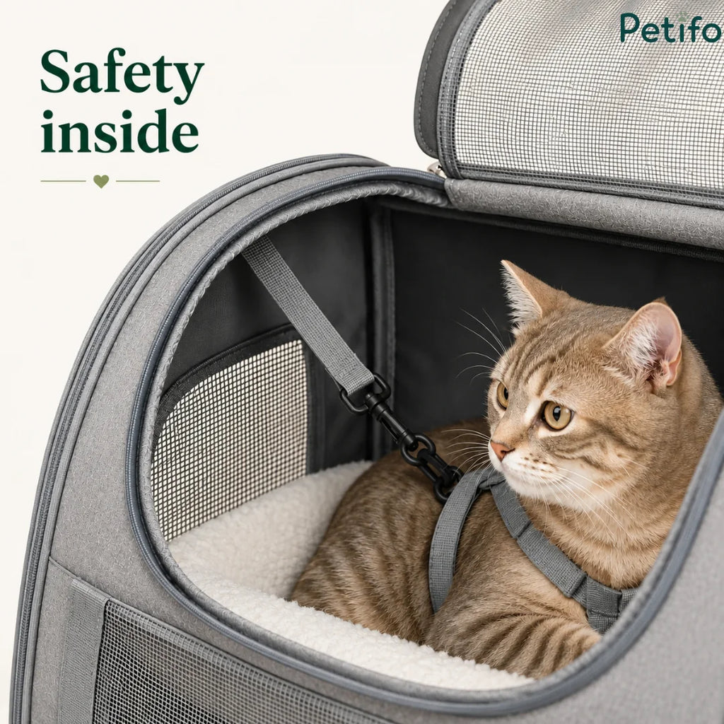 Cat secured inside a Petifo grey pet carrier with an internal safety leash.