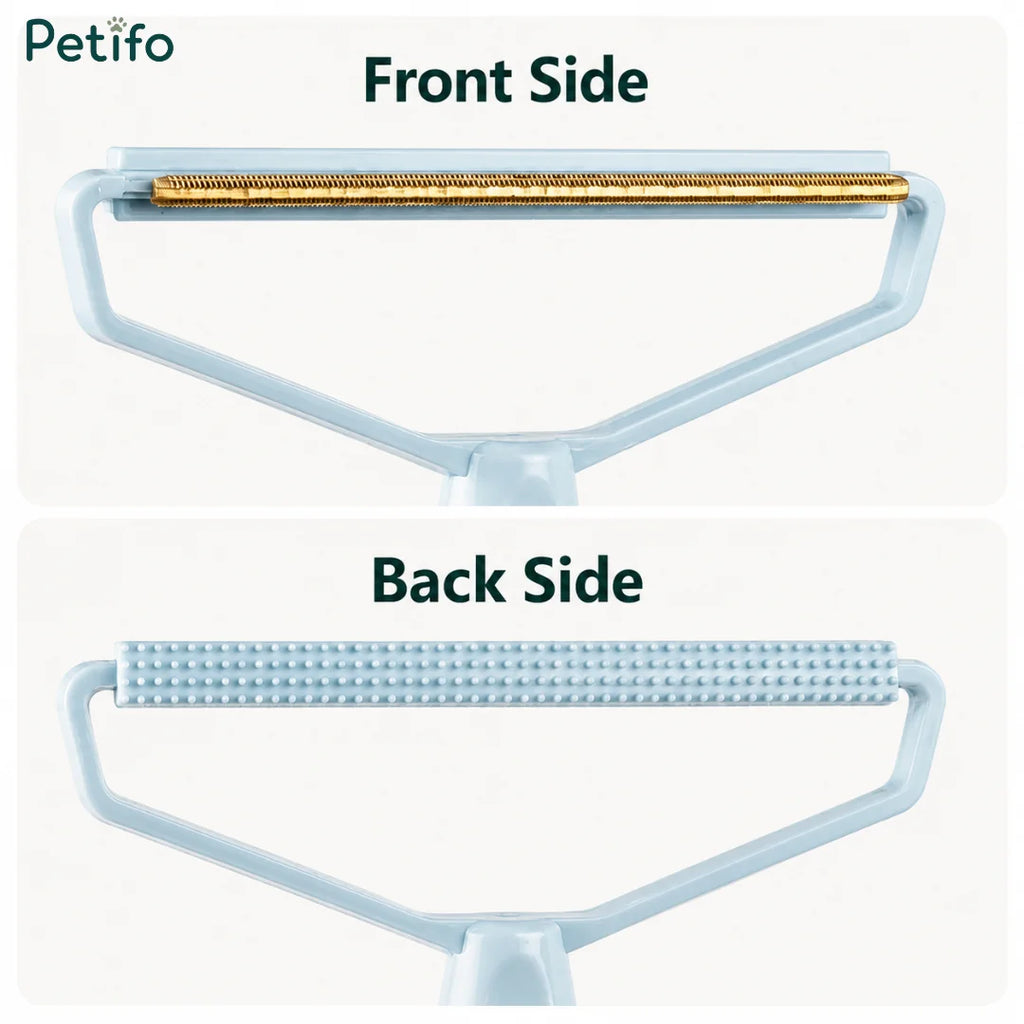 Close-up view of the pet hair remover tool showcasing the golden front scraping edge and the textured back side.