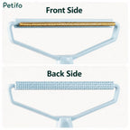 Close-up view of the pet hair remover tool showcasing the golden front scraping edge and the textured back side.