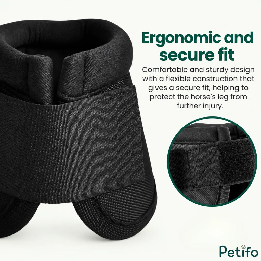 Close-up of black horse bell boot showing the ergonomic and secure fit design