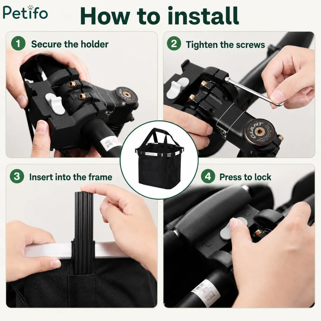 Step-by-step installation guide showing how to secure the holder, tighten screws, insert support rods into the frame, and click the basket to lock it in place.