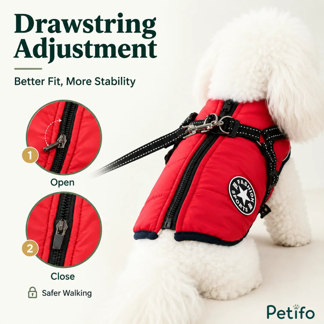 Demonstration of the secure locking zipper mechanism on the back of the red dog winter coat.