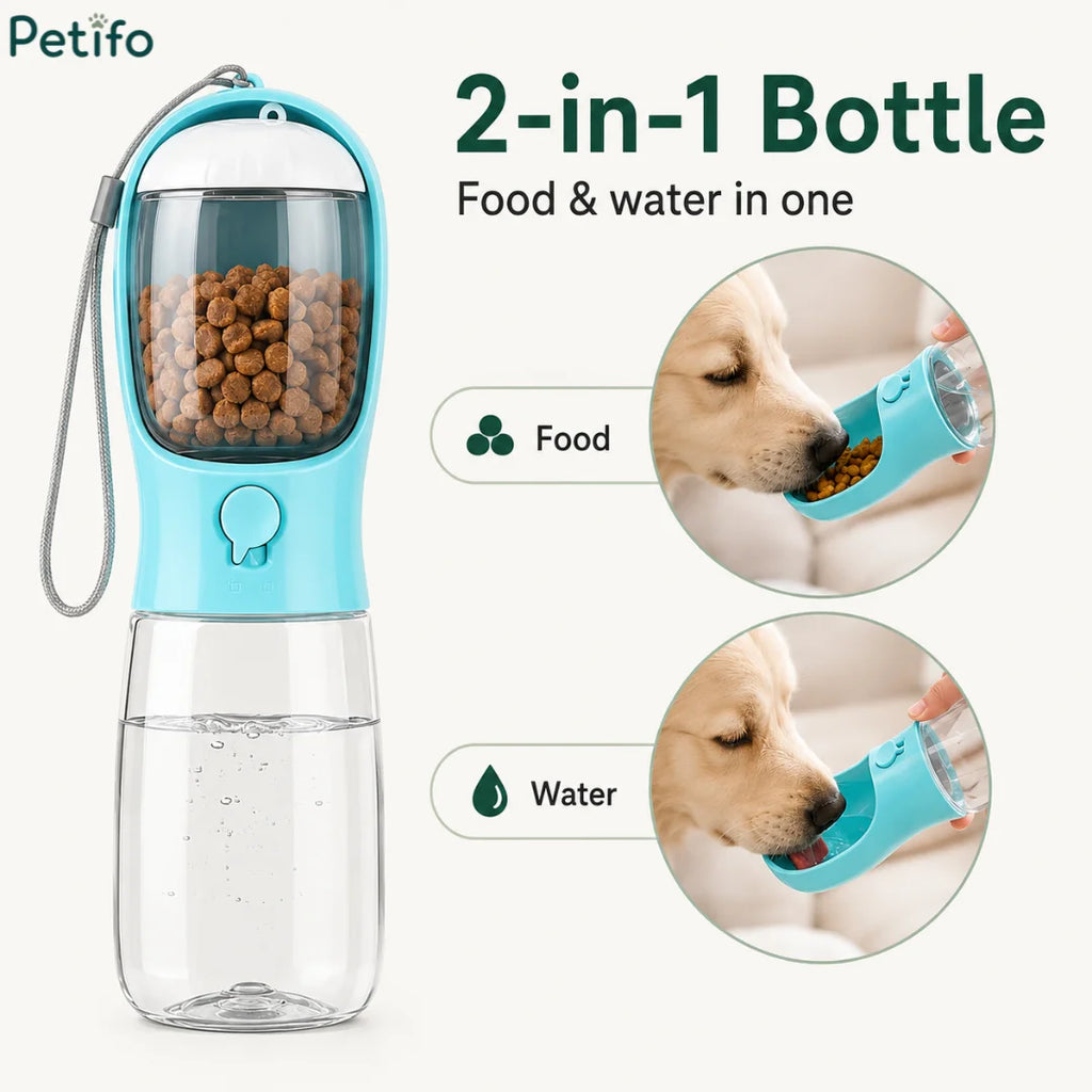 Promotional graphic illustrating the 2-in-1 design of the Petifo bottle with separate functions for feeding food and dispensing water.