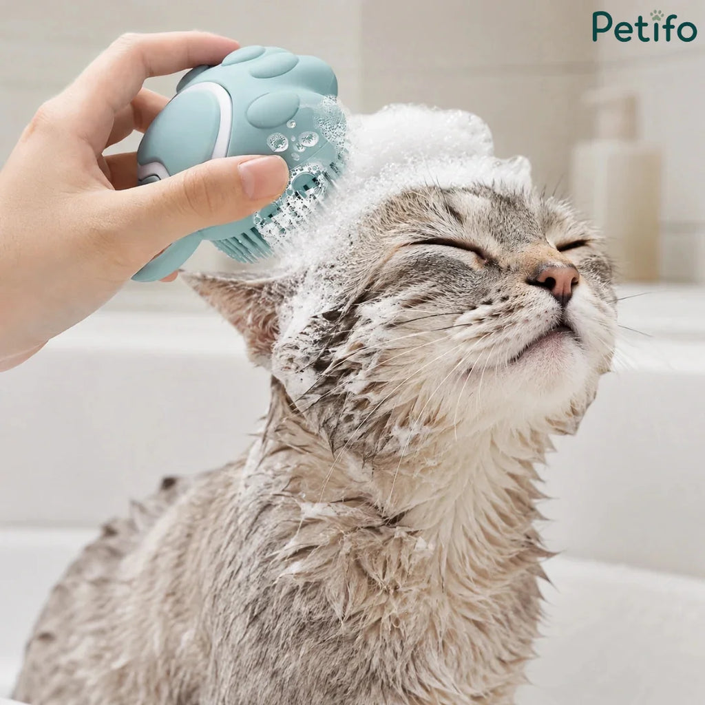 A happy cat closing its eyes blissfully while being washed with the mint green Petifo shampoo brush.